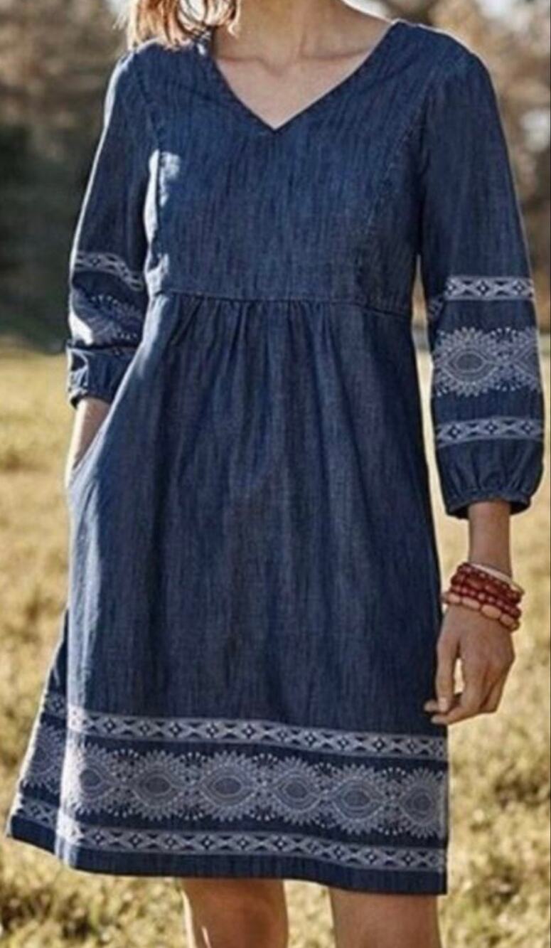 J. Jill Denim Blue Chambray Baby Doll Mini Dress Embroidered Detailing XS Petite